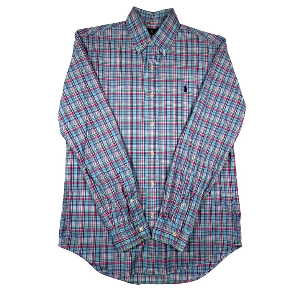 Ralph Lauren Mens Small Plaid Button Down Shirt Blue Pink Green Long Sleeve Pony